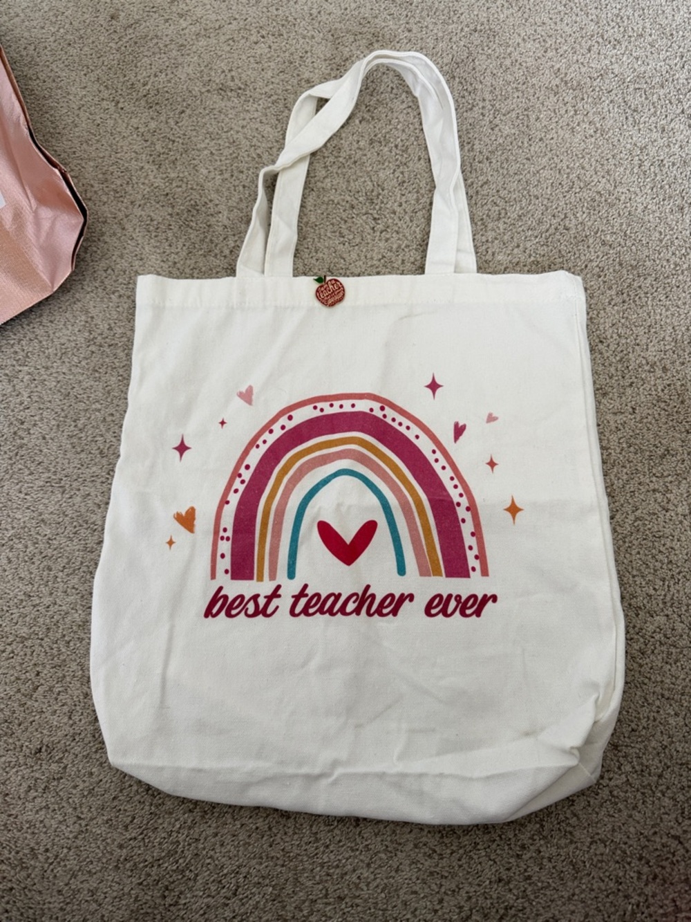 Best Teacher Ever Canvas Tote Bag - White with Multicolor Rainbow
